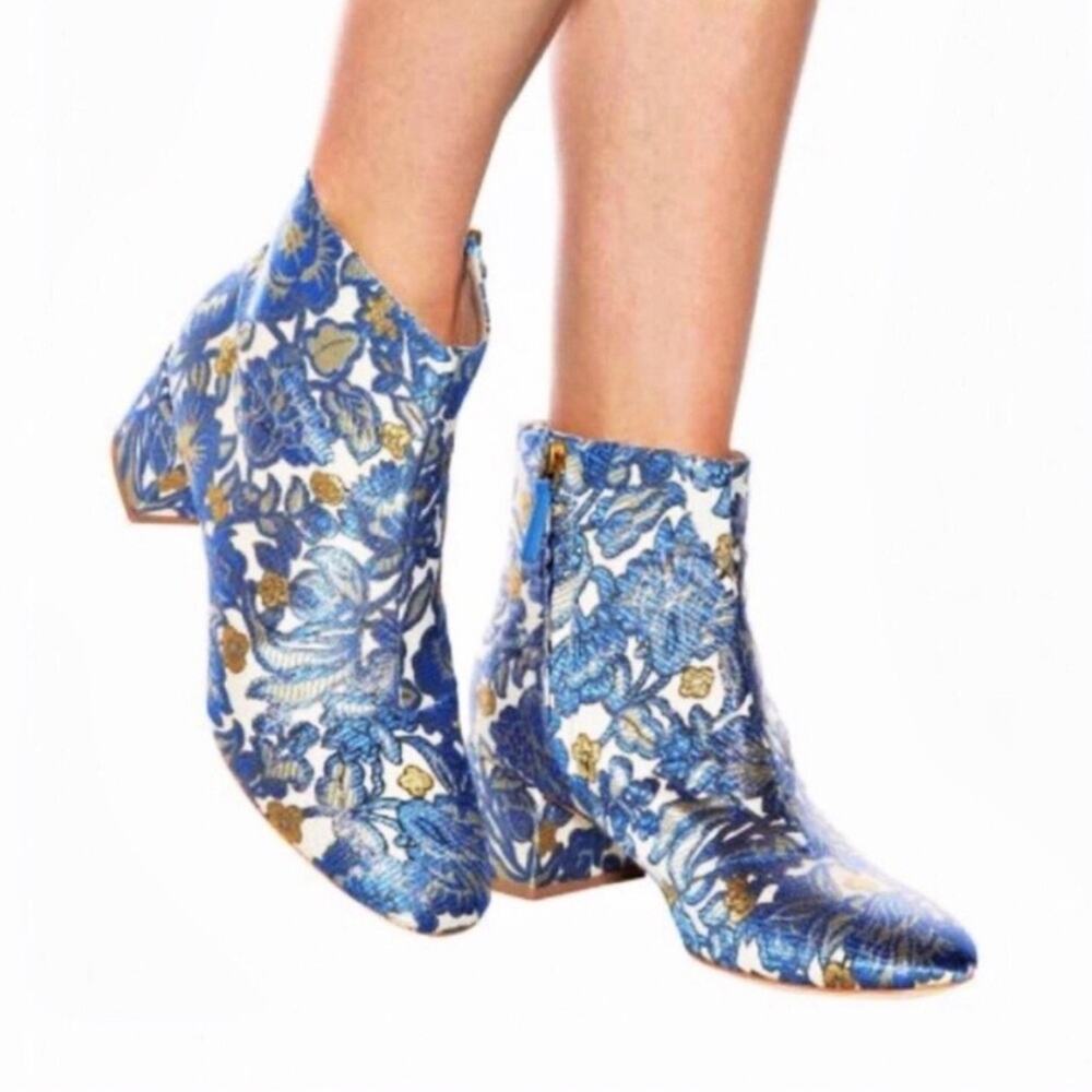 TORY BURCH Shelby Jacquard Blue Metallic Floral Booties Size 7